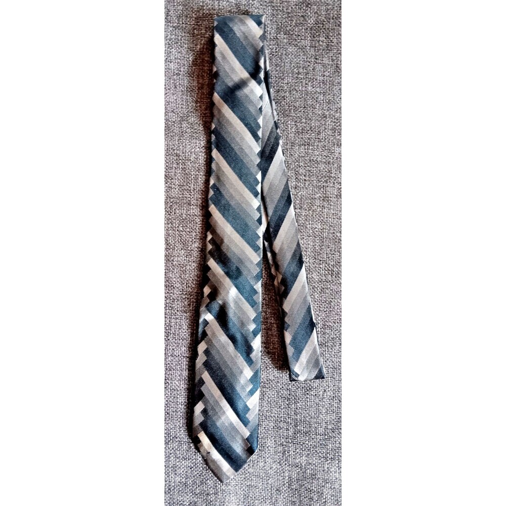 Tie 70s 80s 90s Y2K Mens Silk Switzerland Black Gray Stripe Skinny 2 Wide